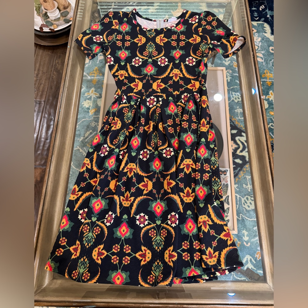 LuLaRoe Black Dress with Gold, Red, Green Floral Pattern